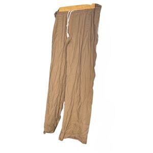 Women Tan Linen Viscose Flowy Bottoms Elastic Waist Paperbag Drawstring Pockets